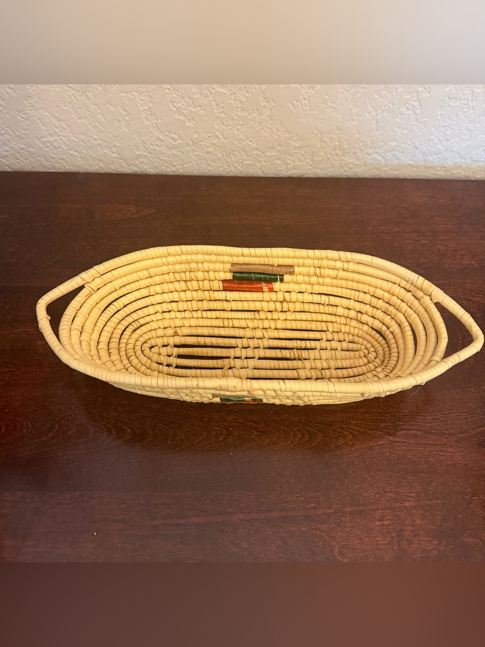 Vintage Handmade Sweetgrass Bread Serving Basket Woven Coil Loop Handles 14"